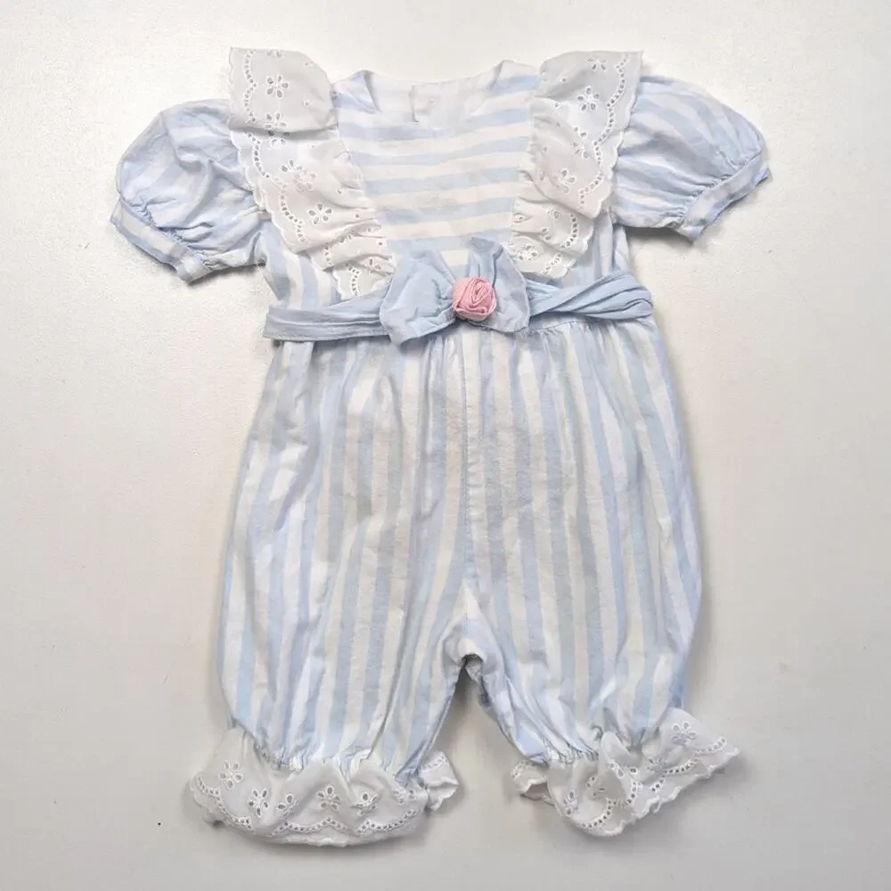 Vintage Nannette Romper Girls Size 12m Blue Stripe Rosette Bubble